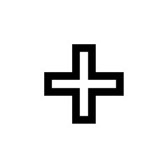 A simple, bold black plus sign centered on a white background.