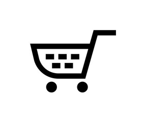 Simple black and white illustration of a shopping cart with wheels and a handle.