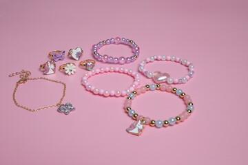 Jewelry for child girl, bravelet and ring, colorful accessory
