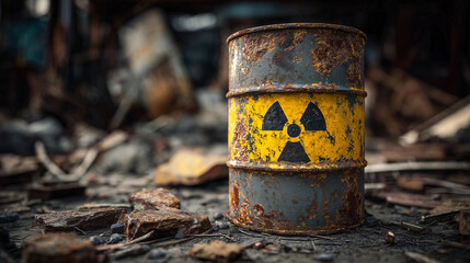 Rusted nuclear waste barrel with a yellow and black radiation hazard symbol on it. The background is dark, with debris scattered around the barrel.