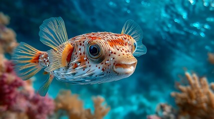 Fototapeta premium Adorable pufferfish swimming gracefully in pristine ocean water with vibrant coral reefs nearby