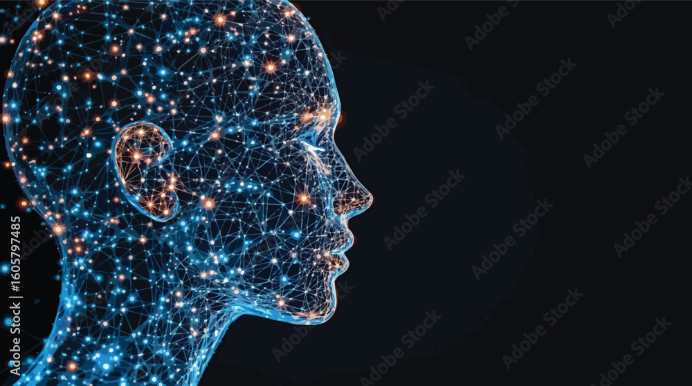 Poster digital representation of a human face featuring artificial intelligence and neural networks concept