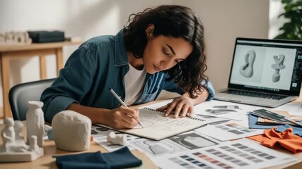 Young artisan crafting sketches inspired by 3d modeling on computer in her studio