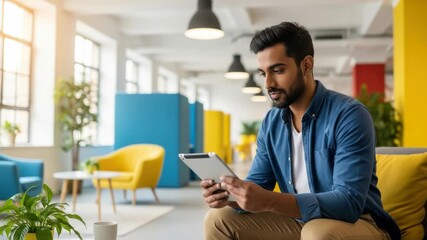 Young man using tablet in modern office, connected to technology for success and collaboration - Powered by Adobe