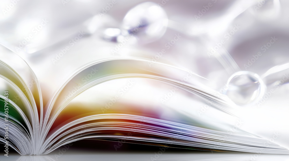 Poster open book displaying colorful pages with a scientific background during daylight