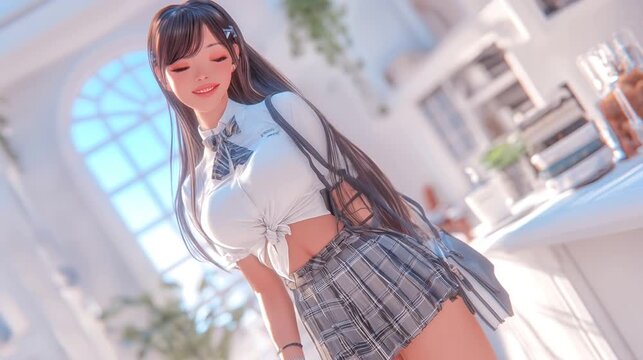 Anime Girl in School Uniform, Bright Interior, Posing