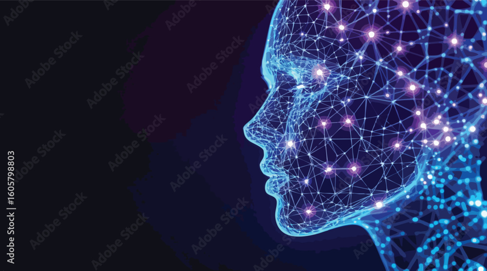 Poster futuristic digital human face representing artificial intelligence and neural network.