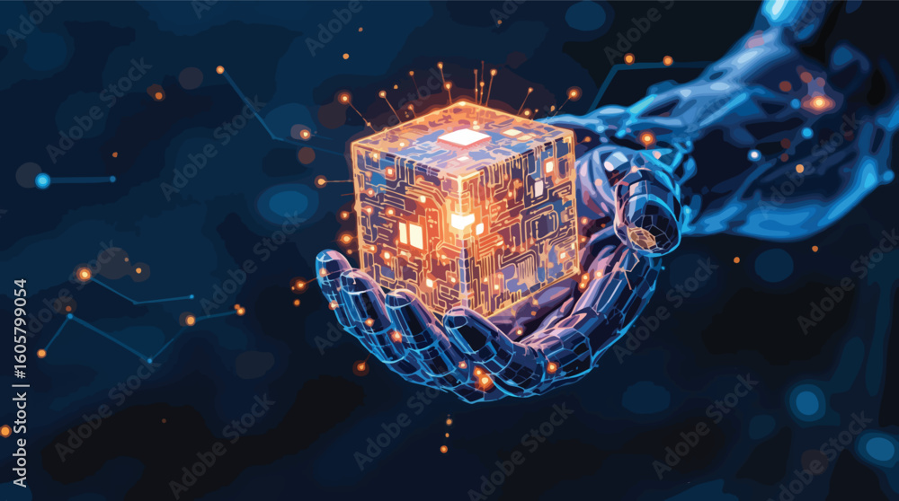 Poster futuristic robot hand holding illuminated digital cube representing technological innovation and pro
