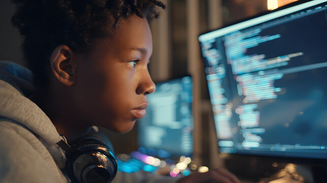 Focused African American teen coding, learning at computer, tech future
