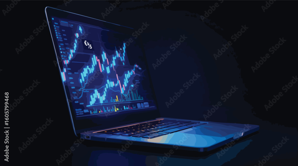 Poster laptop displaying financial market charts with candlestick patterns and trading data analytics.