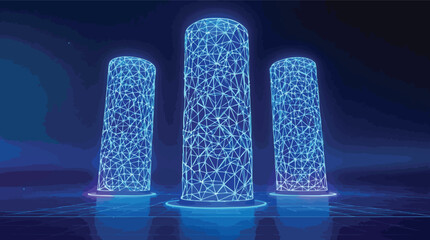Three futuristic digital pillars glowing with connected lines on a dark blue background.