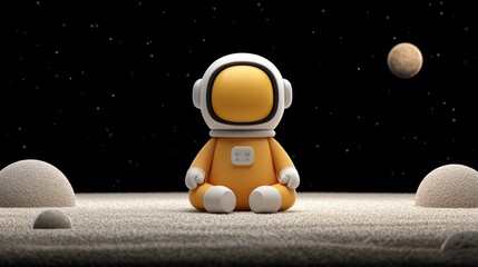 A small astronaut sits on a dusty surface in the vast expanse of space.
