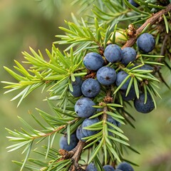 A cluster of dark blue juniper berries attached to green needle-like leaves, showcasing their natural texture and vibrant colors
