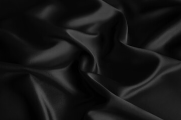 Dark soft true black and white silvery pale dusty silk satin fabric material. Luxury elegant background. Wave line crumpled swirl. Abstract brilliant smooth rich royal velvet wallpaper. Fashion.