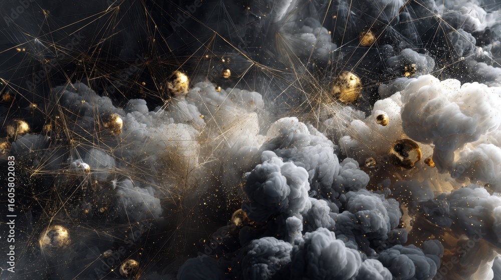 Poster metallic spheres and dust clouds intertwine, creating a mesmerizing interplay of gold and gray again