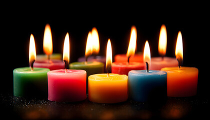 A festive arrangement of colorful birthday candles with glowing flames, creating a cheerful atmosphere.