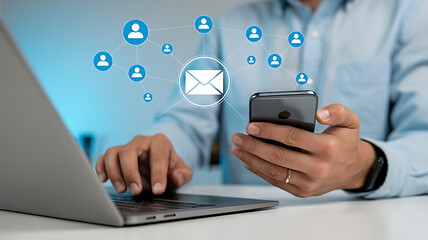 Connecting people globally through digital communication and email networks on a smartphone