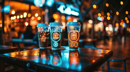 Coffee cups with glowing icons on a night street cafe table
