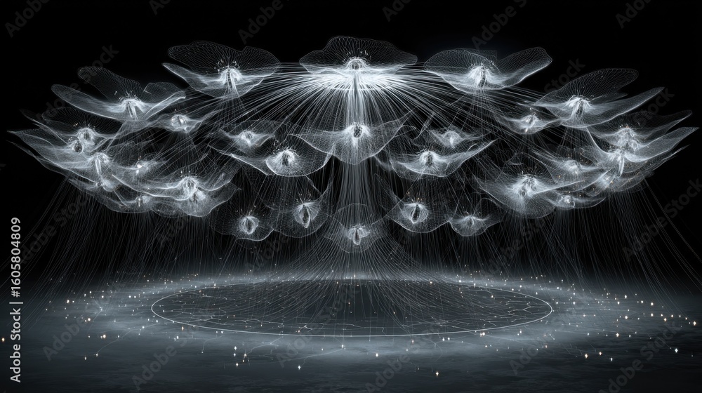 Poster multiple programmable sprayers arranged in a semicircle create a halo of pheromones above silkworms 