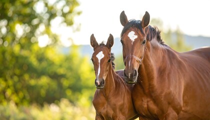 Fototapeta premium A mare and foal in a sunny meadow