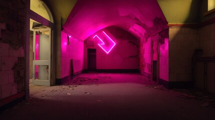 Fototapeta premium Abandoned building interior with neon light installation.