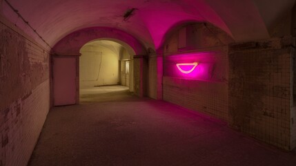 Obraz premium Underground tunnel with neon light installation in dimly lit arched passageway.