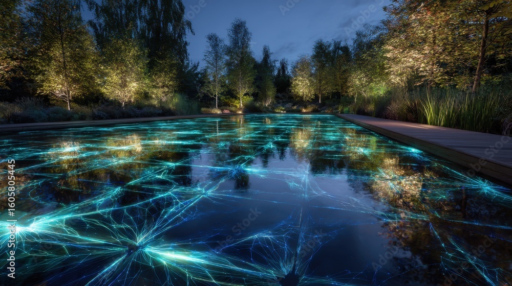 Poster light from electric eel tiles creates a mesmerizing pattern on the surface of a wetland grid, reflec