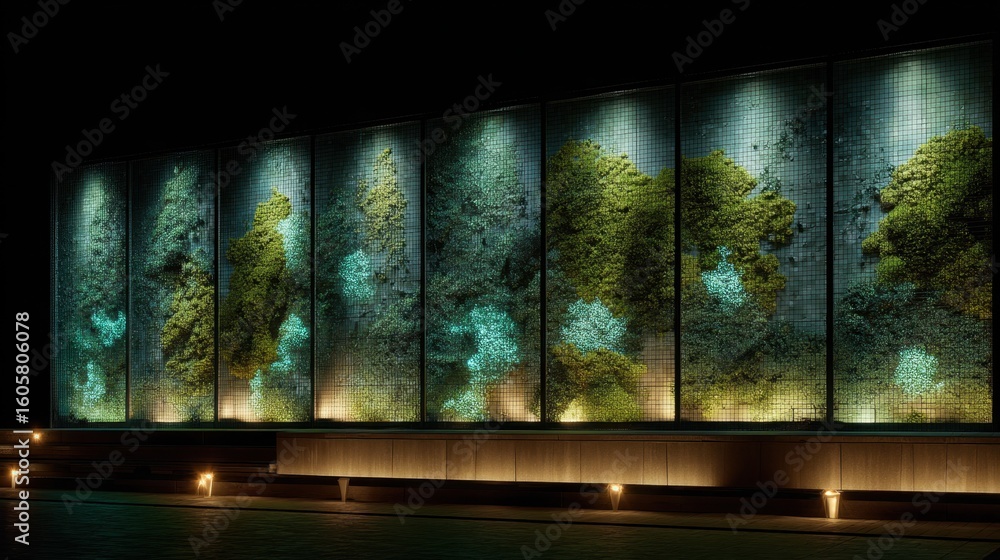 Poster soft lighting reveals the bioluminescent qualities of moss patterns on a building facade panel at ni