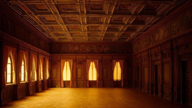 An empty room with wooden walls and a coffered ceiling lit by soft warm light.