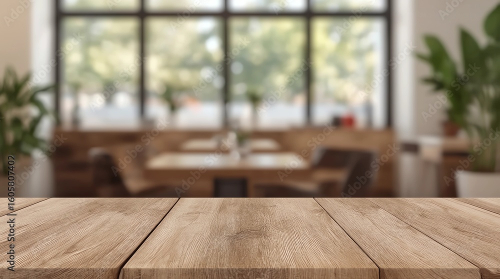 Poster empty dark wooden table in front of abstract blurred bokeh background of restaurant