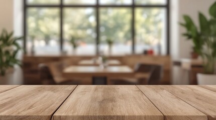 Empty dark wooden table in front of abstract blurred bokeh background of restaurant