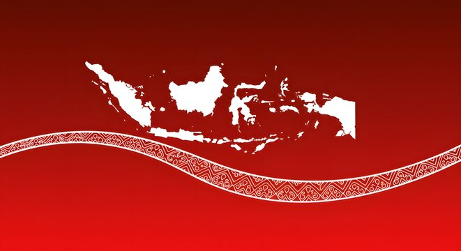 Indonesia Independence Day August 17th Symbolic white silhouette map of the Indonesian archipelago on a vibrant red gradient background with a decorative wave.