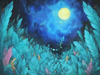 Enchanted Lunar Grove Awaits a Spirit Deer Amidst the Tranquil Night