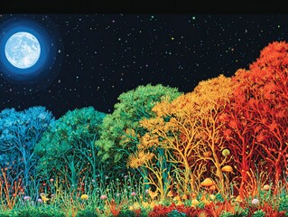 Colorful Forest Under Starry Night Sky with Moon, Mystical and Enchanting