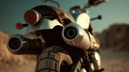 Close up Of A Motorcycle's Exhaust Pipes In A Desert Landscape