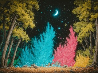 Enchanted Forest Glade with Colorful Ferns Under the Moonlight Starry Sky