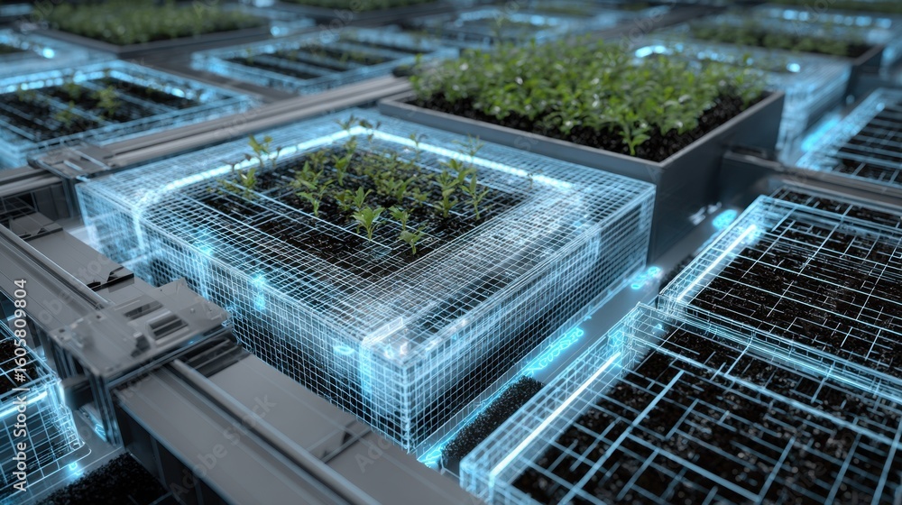 Poster sophisticated robotic arm places seedlings into trays within a vertical farm, augmented by holograph
