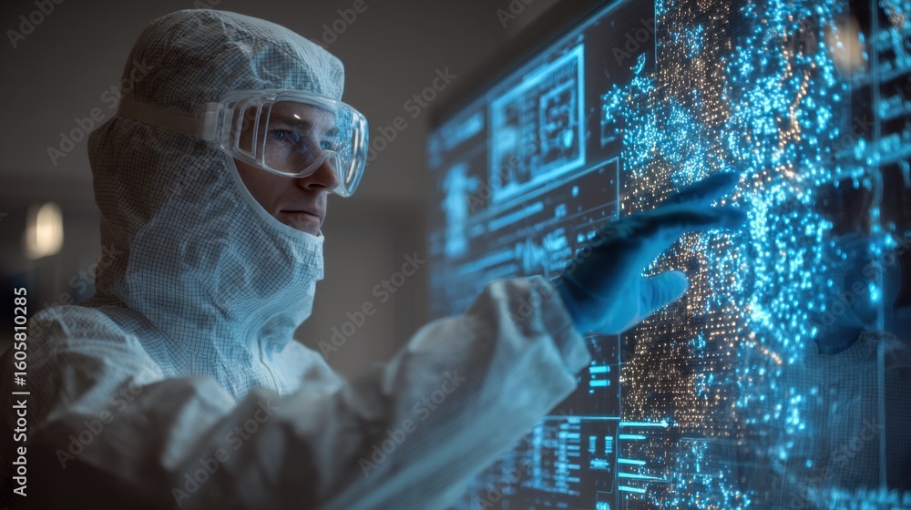 Aufkleber laboratory technician in cleanroom suit interacts with holographic display, analyzing quantum dot so
