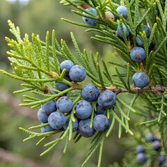 A cluster of dark blue juniper berries attached to green needle-like leaves, showcasing their natural texture and vibrant colors