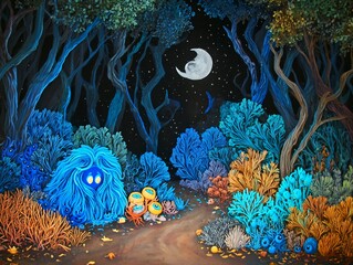 Enchanted Forest Path at Night with Glowing Creatures and Crescent Moon