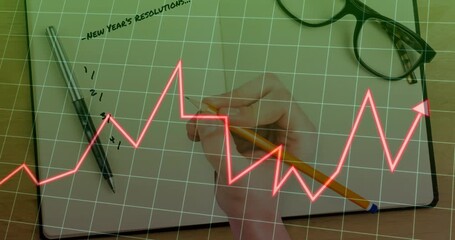 Pencil adjusting grip initiating red line graph tracing grid page visualizing resolution progress - Powered by Adobe