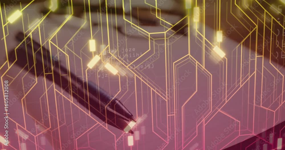 Poster hovering stylus creating circuits, animating lines and pulsing nodes visualizing design