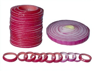 Sliced red onions arranged in a stack, a round slice, and in a line