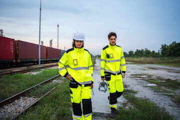 Railroad Engineers or Logistics Workers on Site, Industrial Safety Team Inspecting Train Tracks,...