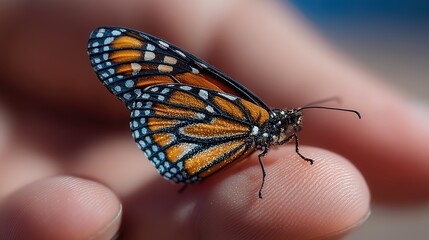 Fototapeta premium Close Up Of A Multicolored Butterfly On A Finger