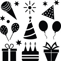 Vector art of a festive set of black party and celebration icons with gifts, cake, balloons, and a microphone