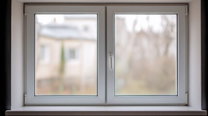 Fototapeta premium Minimalist white window frame with translucent panels filtering soft daylight. 