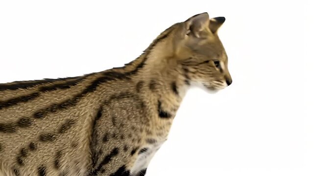 Side Profile of a Serval Cat with Spotted Coat Isolated on White Background