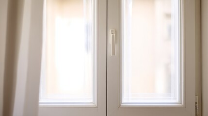 Fototapeta premium Minimalist white window frame with translucent panels filtering soft daylight. 