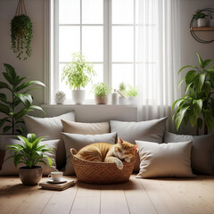 A ginger cat sleeps peacefully in a cozy wicker basket, surrounded by soft pillows and houseplants in a bright, sunlit room